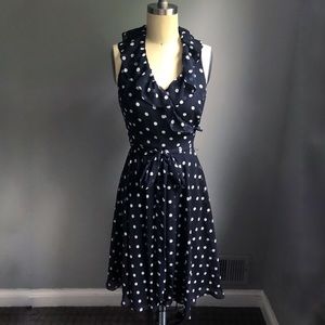 Ralph Lauren Sleeveless Navy Polka Dot Wrap Dress